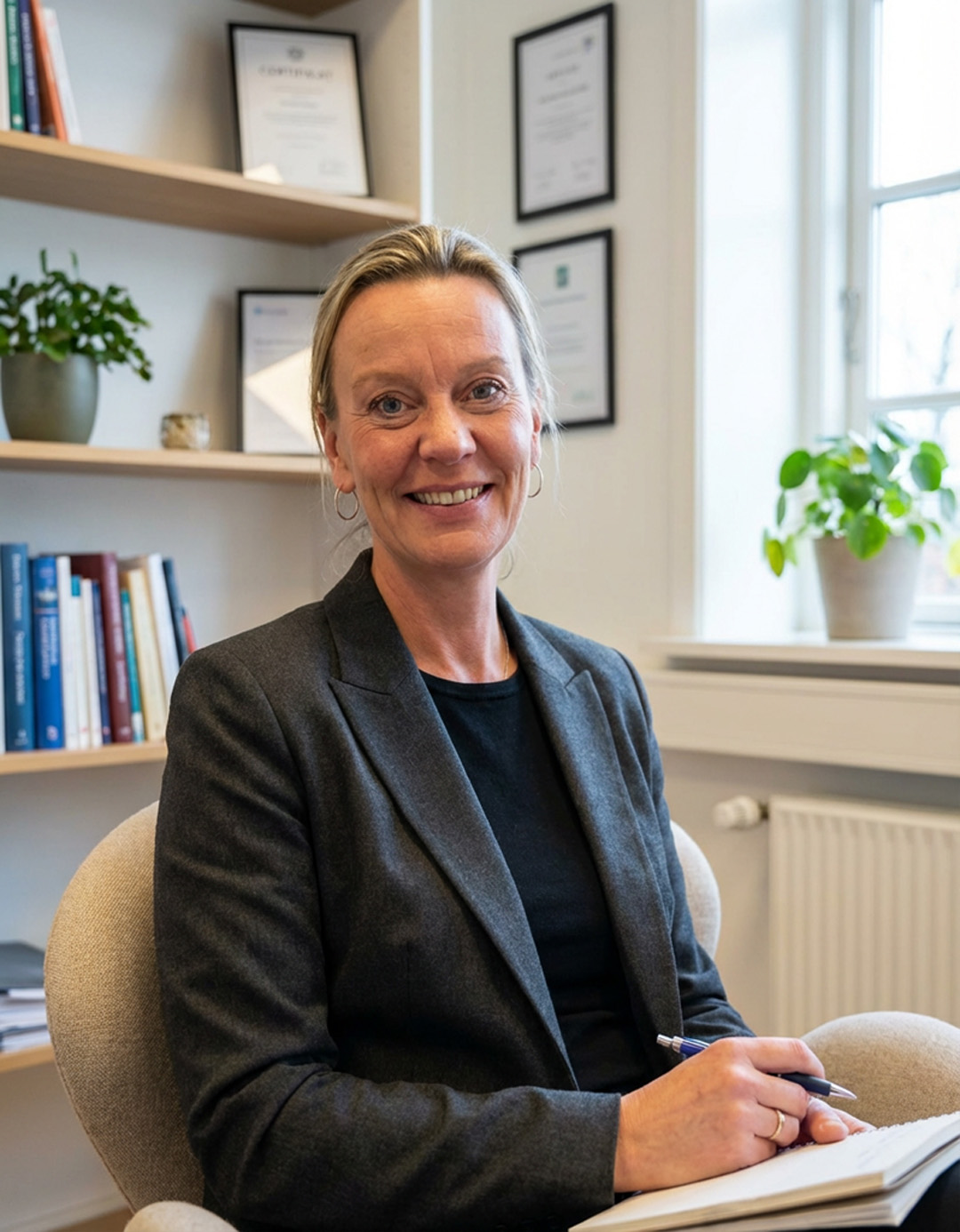 En kvinde i en mørk blazer sidder i en kontorstol og smiler til kameraet med en kuglepen og en notesbog i hånden. Bag hende er der bogreoler med bøger, indrammede certifikater og potteplanter.