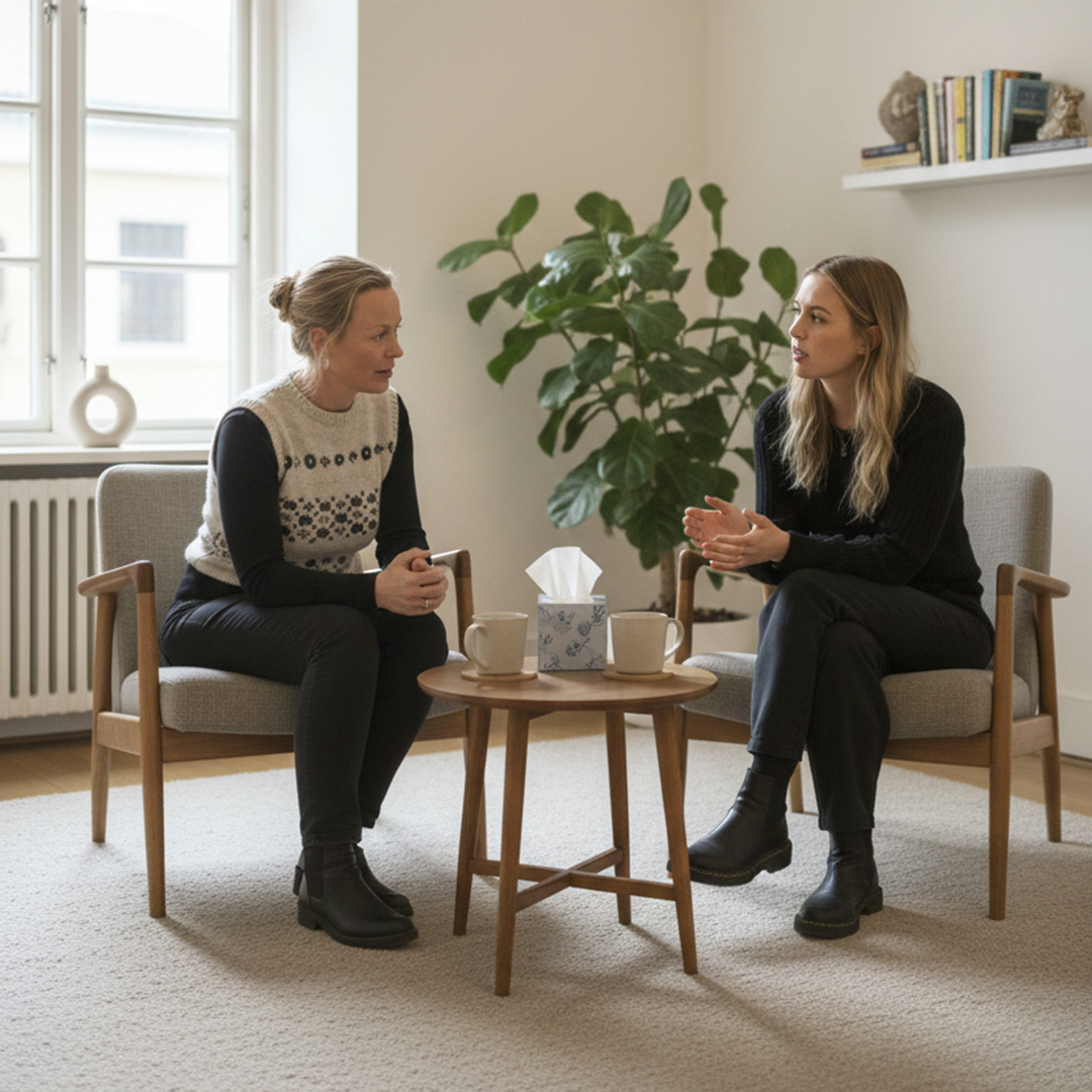 To kvinder sidder over for hinanden i lænestole og fører en alvorlig samtale. Mellem dem står et lille bord med krus og en papirlommekasse. En plante og bøger står i baggrunden og giver rummet en hyggelig atmosfære.