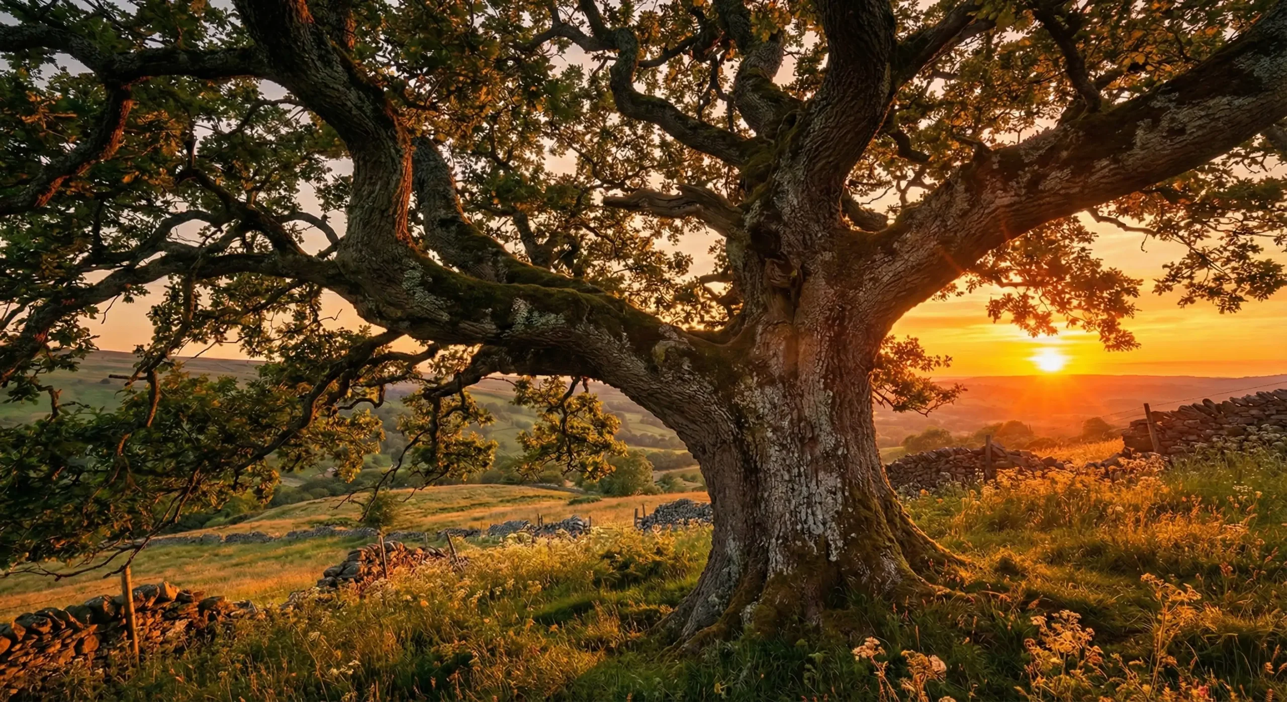 Et stort, gammelt træ med vidtstrakte grene står på en græsmark ved solnedgang. Den glødende sol står lavt i horisonten og kaster et varmt lys over landskabet, som fremhæver træets strukturerede bark og grønne blade.